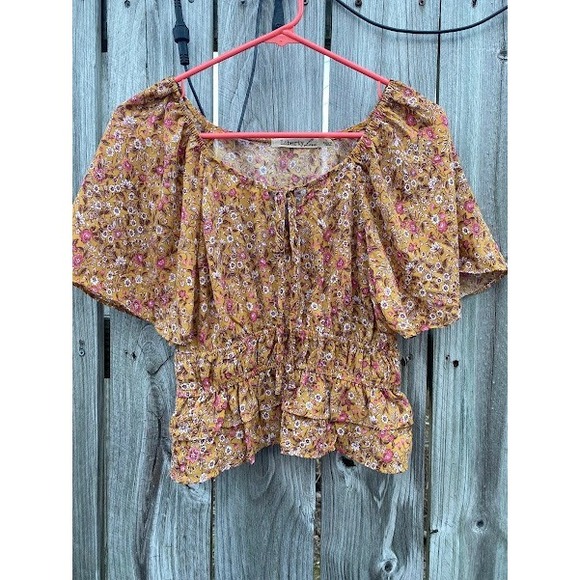 Liberty Love Tops - Liberty Love Mustard Yellow Floral Smocked Ruffle Crop Top Small Boho Keyhole